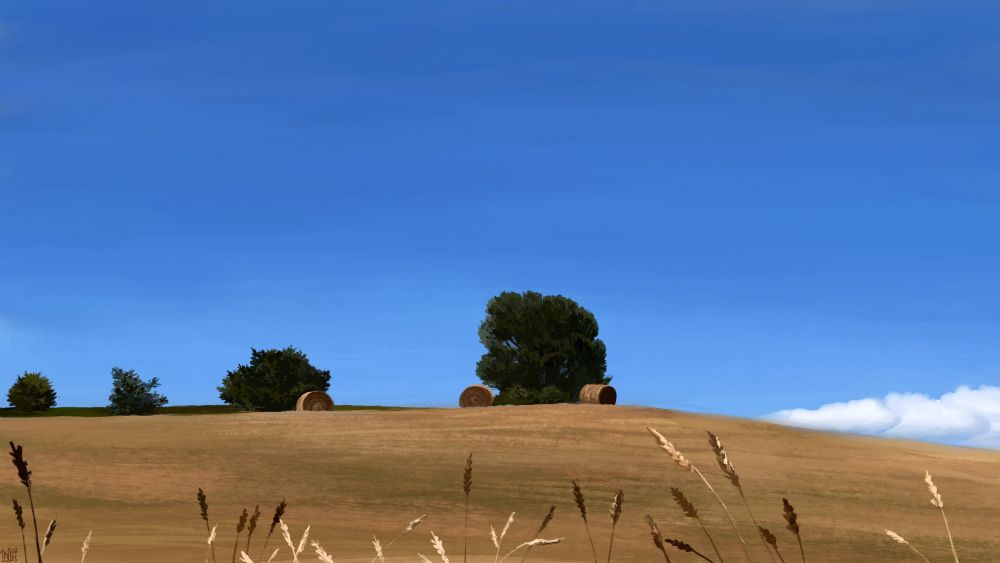 Digital painting of a countryside scene: bright blue sky over a dry grass field, a few bales of hay and some green trees appearing from behind the hill. There is a small, long white cloud above the horizon, on the right-hand side of the frame. There are blades of tall grass swaying in the foreground.