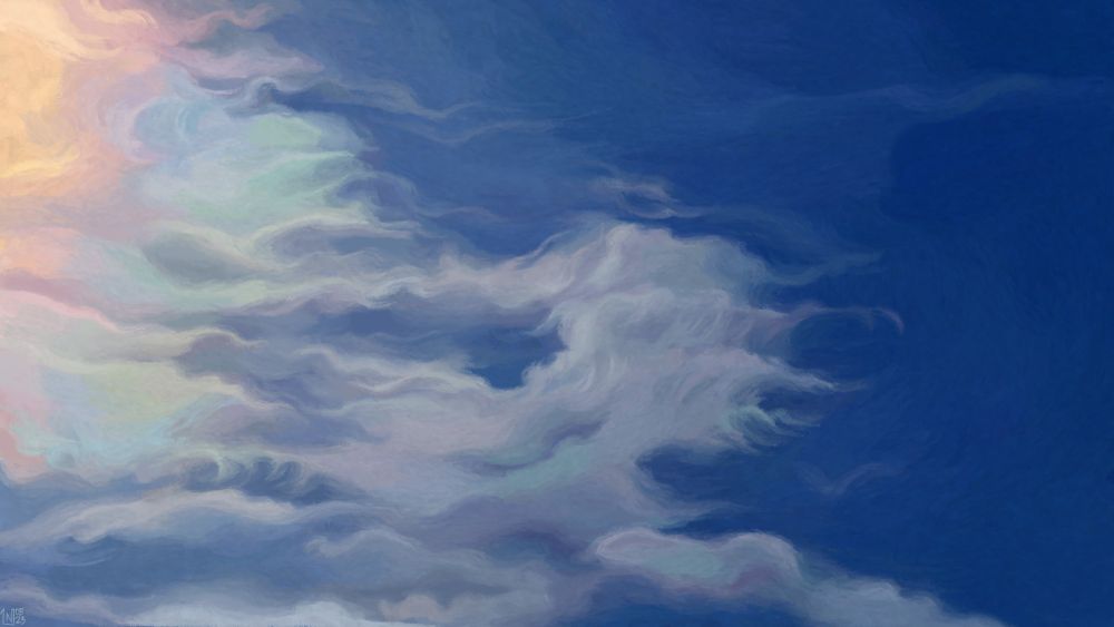 Digital painting of a bright blue sky filled with wispy white clouds. Just out of frame, the sun shines brightly, creating subtle iridescence over the ice clouds.