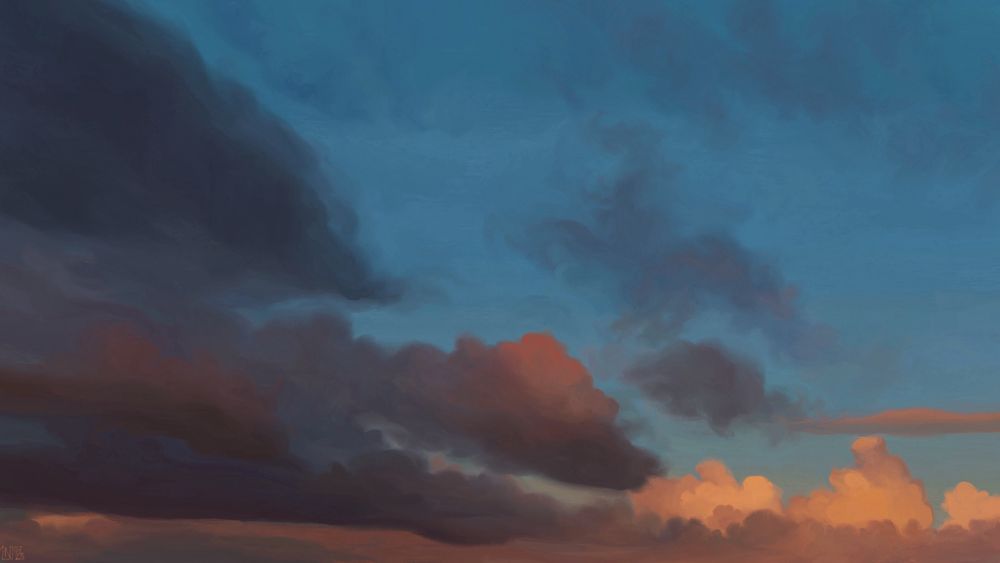 Digital painting of a sunset sky, dark grey clouds crowding the left-hand side of the frame, smaller, but voluminous clouds taking on orange and yellow tints on the right-hand side. The sky is still a bright blue in the background. 