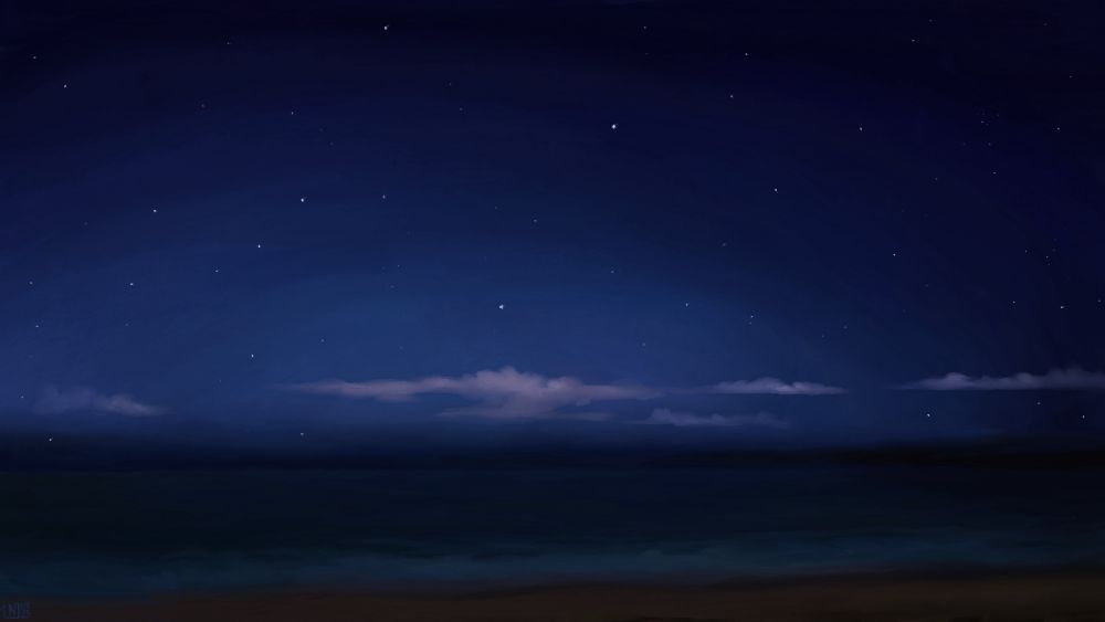 Digital painting of a night scene: a quiet sea under a clear, deep, starry sky, with only a few, thin, long cumulus on the horizon. The sky is a gradient of blue, from light to dark.