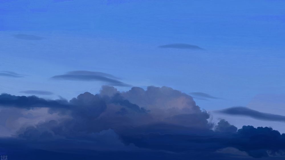 Digital painting of a dusk sky, long blue clouds in a powder blue sky, a little bit of volume on them, a little bit of dim light hitting them. A few more small, smooth clouds are scattered across the frame.