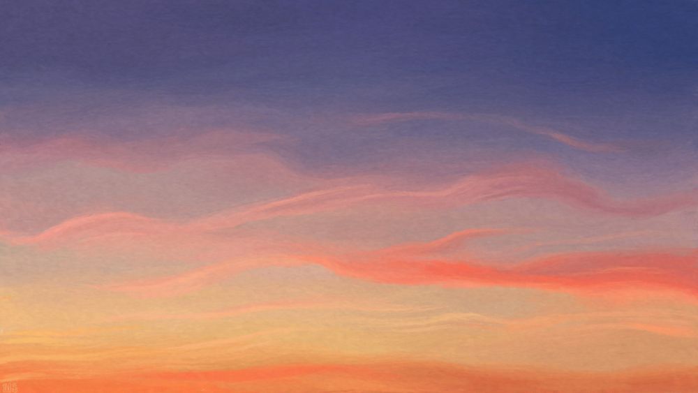 Digital painting of a sunset sky, a gradient of a deep blue to a bright orange, with long wisps of red and pink clouds sprawled across the sky.