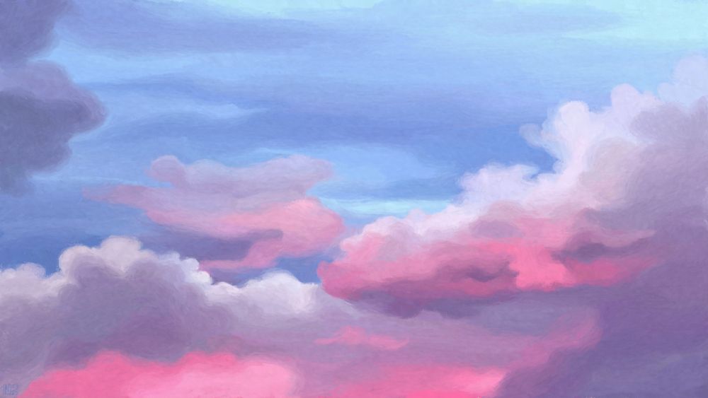 Digital painting of a sunrise sky, blue clouds in the background, with pink and purple clouds in the foreground, especially colourful at the base of the clouds.