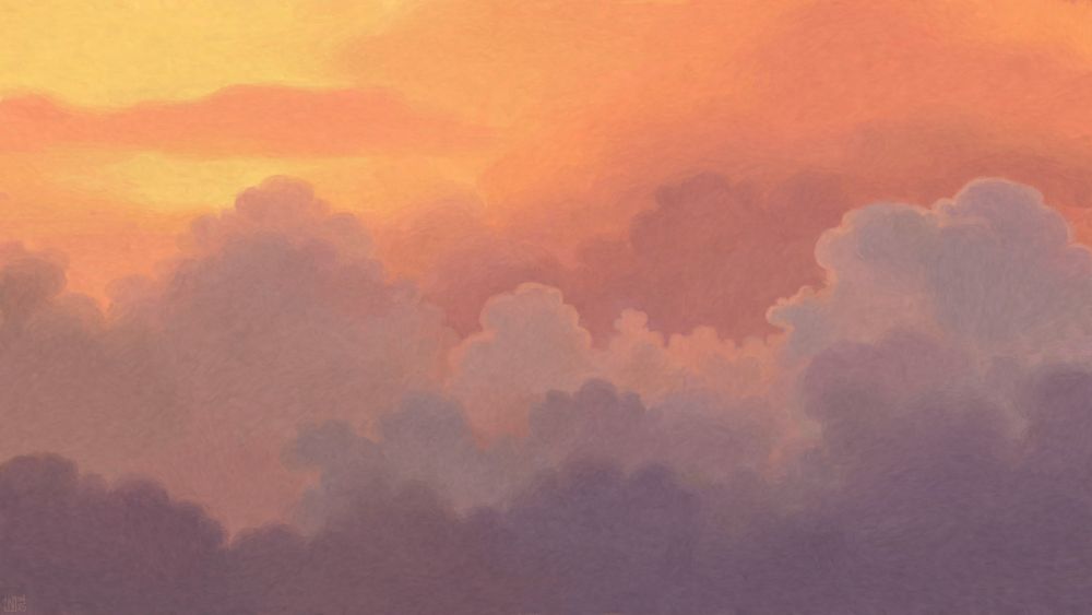 Digital painting of a sunset sky, glowing yellow and orange, with towering grey clouds in the foreground, looking almost purple by contrast.
