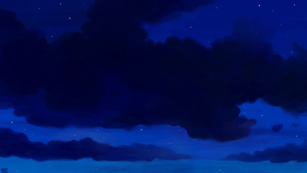 Digital painting of a night sky, dark blue clouds in a blue sky with a gradient. There are numerous stars where the clouds do not block them out.
