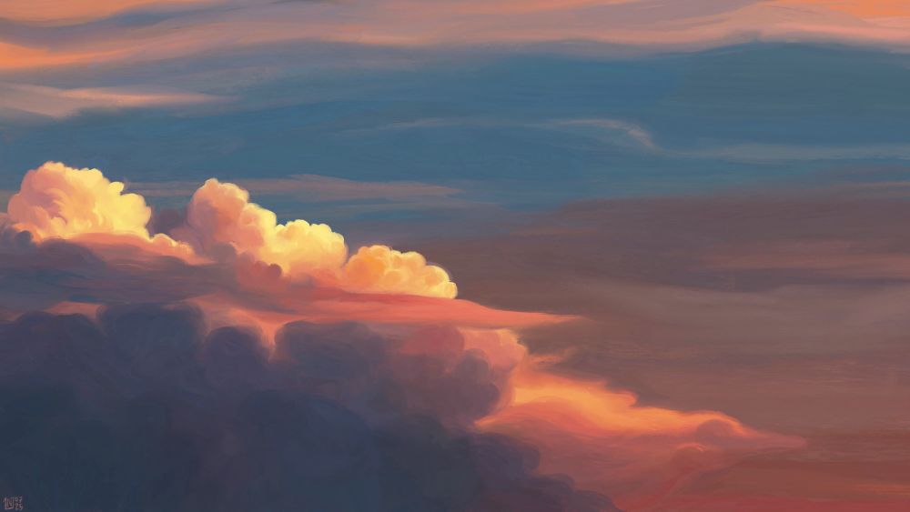 Digital painting of a sunrise sky, tall blue-grey clouds with yellow and orange edges from where the sun is coming through. A little bit of blue sky in the back, mostly covered with fuzzy layers of clouds.