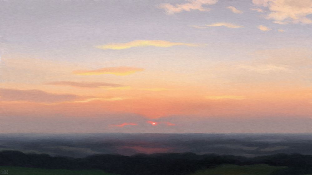 Digital painting of a sunrise scene: the small pink sun through a long band of light grey clouds hugging the horizon, and then a gradient of pastel orange and blue, with yellow clouds spread out across the sky. Beneath the sun, a countryside landscape of fields and woods, hazy in the fog.