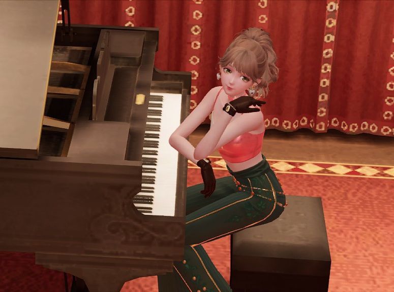 Nikki in light brown curls, pink top, black gloves, and green retro pants