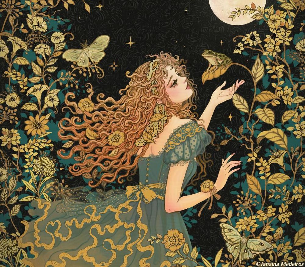 Ilustração de uma jovem dançando no meio de uma floresta noturna com uma lua cheia, um sapo, borboletas e plantas diversas ao redor.