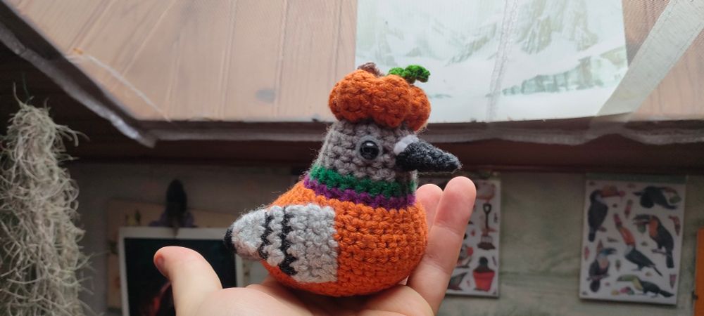 Side picture of a palm-sized crocheted pigeon that looks like he is wearing a pumpkin suit and a little pumpkin hat, resting in my hand.