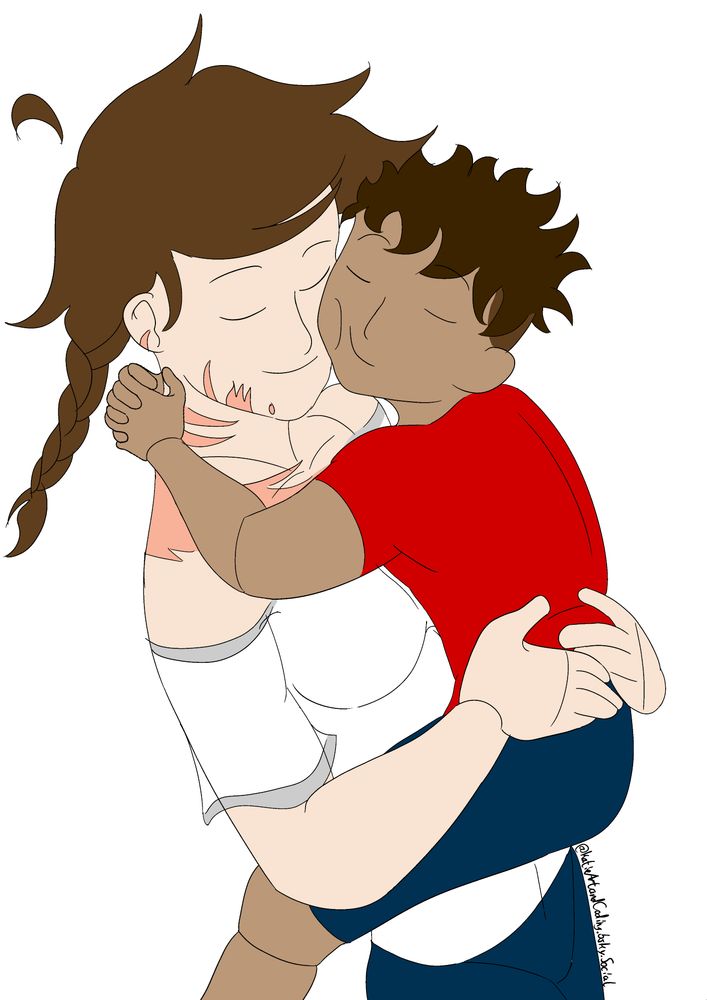 A feminine man with long braided brown hair in casual clothing holds his young son in a comforting hug, eyes closed and smiling