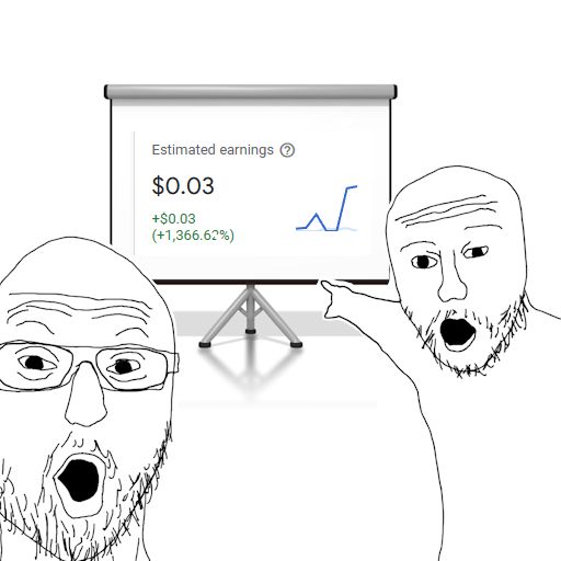 Two Soyjaks are pointing at a chart stating an estimated profit of $0.03 cents.