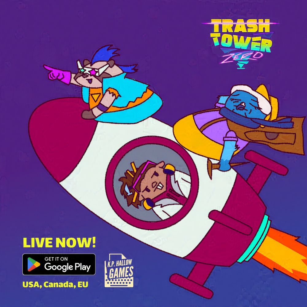 A Child like drawing of the Trash Tower Zero crew riding a rocket ship. The text states it is live for USA, Canada, and EU on the Google Play Store.