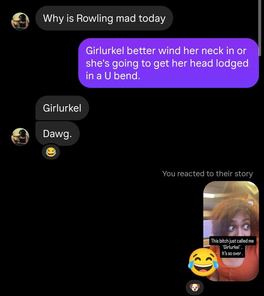 Tara: Why is Rowling mad today

Me: Girlurkel better wind her neck in or she's going to get her head lodged in a U bend.

Tara: Girlurkel

Dawg.

You reacted to their story (laughing)

Tara: This bitch just called me "Girlurkel". It's so over.