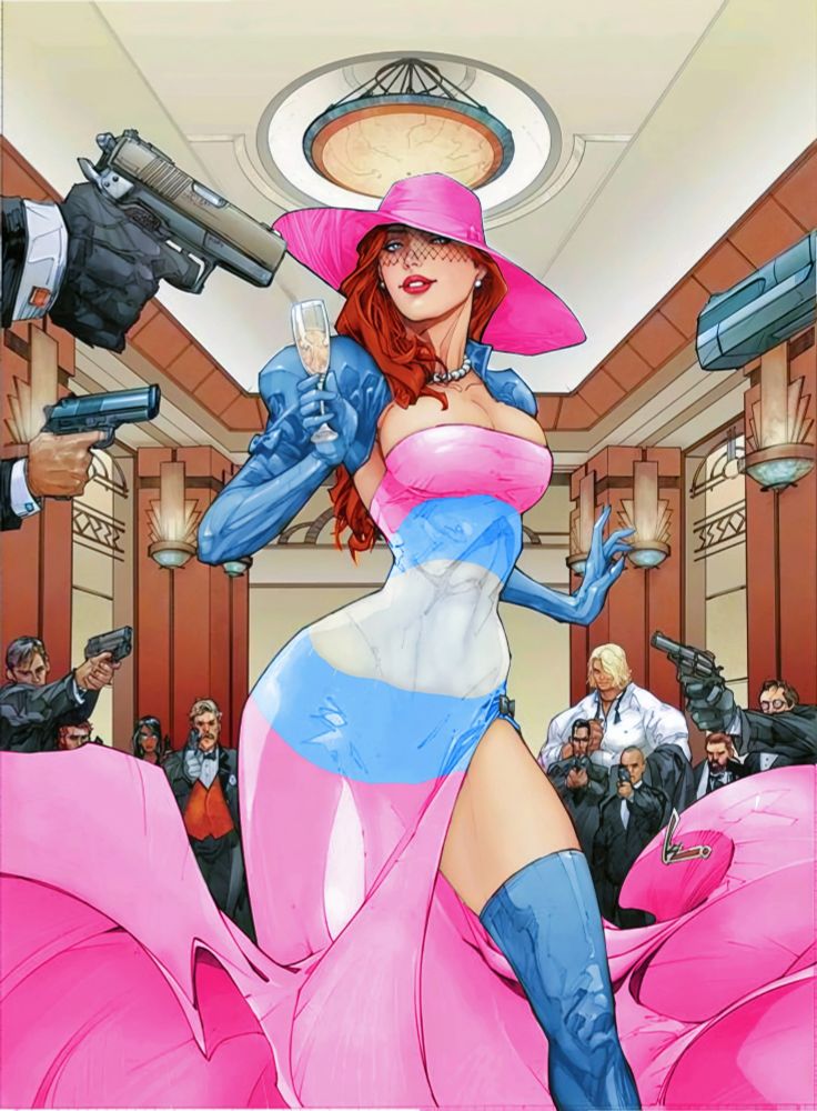 Original artwork Madame Mirage recoloured by me. A woman wearing trans colours on her dress, hat and gloves lifts a glass of champagne. She's surrounded by angry people, some of them pointing guns at her from every angle. She seems unfazed.