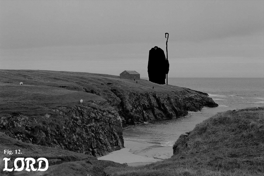 Fig. 12. Lord. A big silhouetted shepherd type guy overseeing a small house on a grassy coastline.