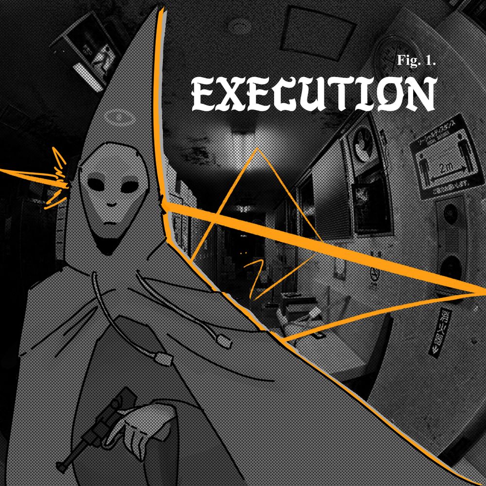 Fig. 1. Execution. Warped hallway, illuminati goon at the front staring blankly into the camera. A line of orange ricochets up the hall and through the goon's head.