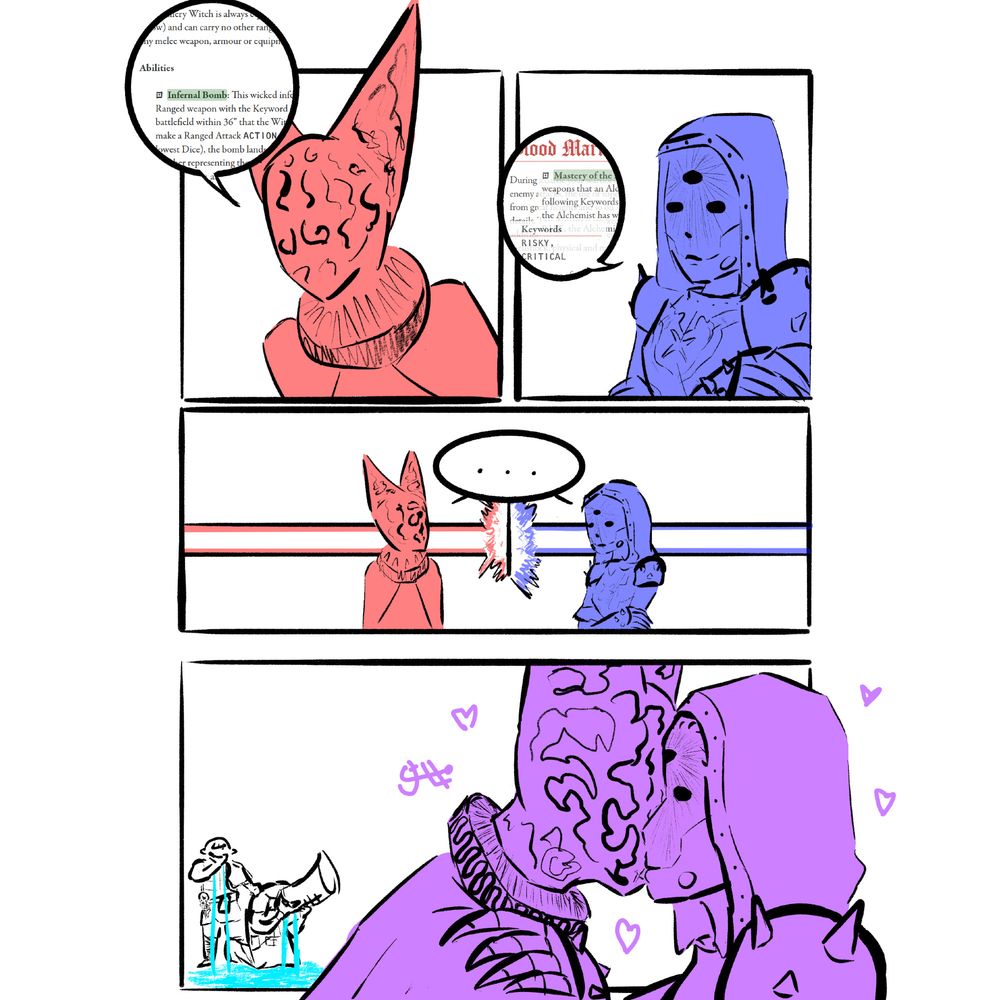 panel 1: red artillery witch says the rules for infernal bomb
panel 2: blue jabirean alchemist says the rules for blood markers, mastery of the elements, and a sniper rifle
panel 3: both staring silently at each other
panel 4: witch and alchemist, both purple, kissing. castigator and heretic trooper crying in the background

redraw of a comic by @sleepy_mocha on instagram (i think)