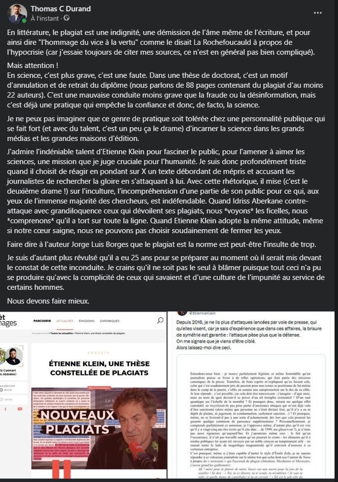 Texte de TCD publié sur X, à propos de la révélation des plagiats d'Étienne Klein. Le texte, qui rappelle divers autres talents de Klein, s'indigne de l'absence de remise en question d'Étienne Klein à la suite des révélations.