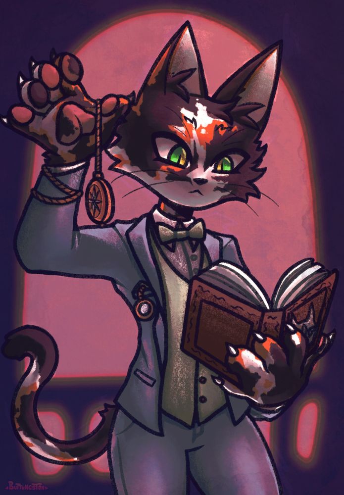 A drawing of a cat girl. She has a calico fur pattern, green and yellow eyes, and is wearing a blue and green suit. She has a timepiece dangling from her hand on a chain, and her other hand has a spellbook. 
