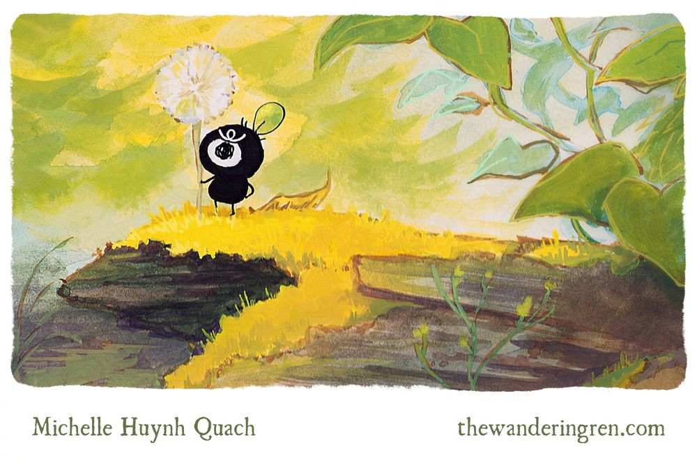 illustration of small wanderling holding a dandelion on top of a mossy tree log, with text below reading "Michelle Huynh Quach thewanderingren.com"