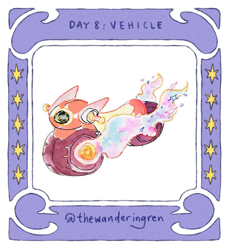 illustration of a magical motorbike within a frame with text reading "Day 8: vehicle" and "@thewanderingren"