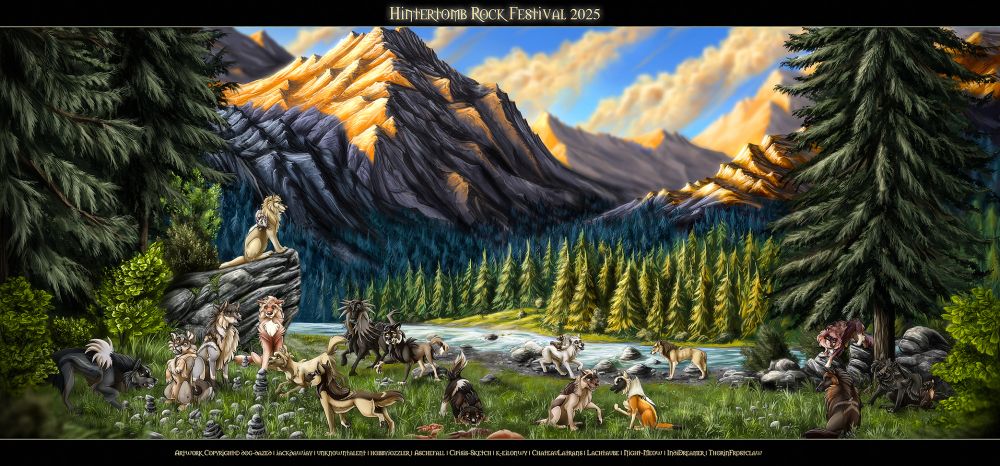 A drawing showing a pack of wolves celebrating a festival with fun activities centered around...rocks.
Many characters are scattered around the picture, talking, eating, playing. The ground is mostly covered by grass, but some bigger boulders are visible on the edges, which are also bordered by huge fir trees and other foliage. A little stream flows directly behind the grassy area and on the other side of the shore, more fir trees are growing, far into the distance where they begin to fade into mountains, which are glowing golden due to the Alpenglow phenomenom.