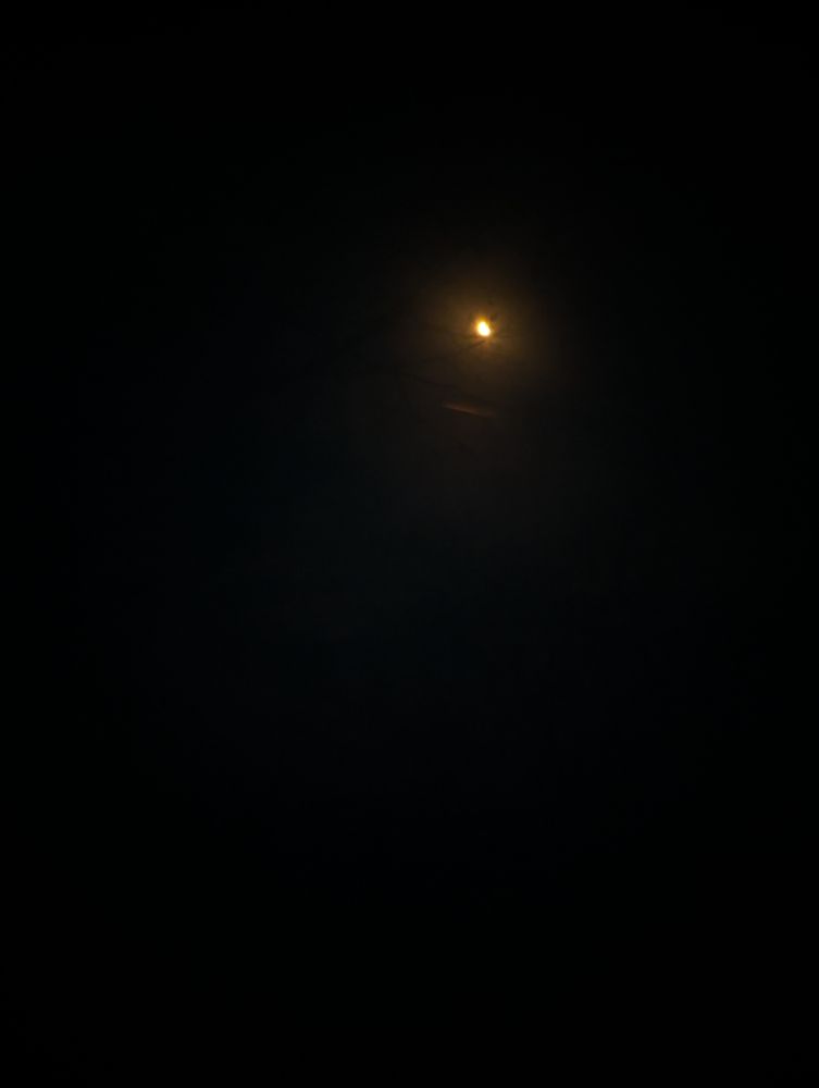 A tiny, blurry picture of the solar eclipse taken through viewing glasses, which provides no real correlation to the "full moon" comment I insisted on making repeatedly