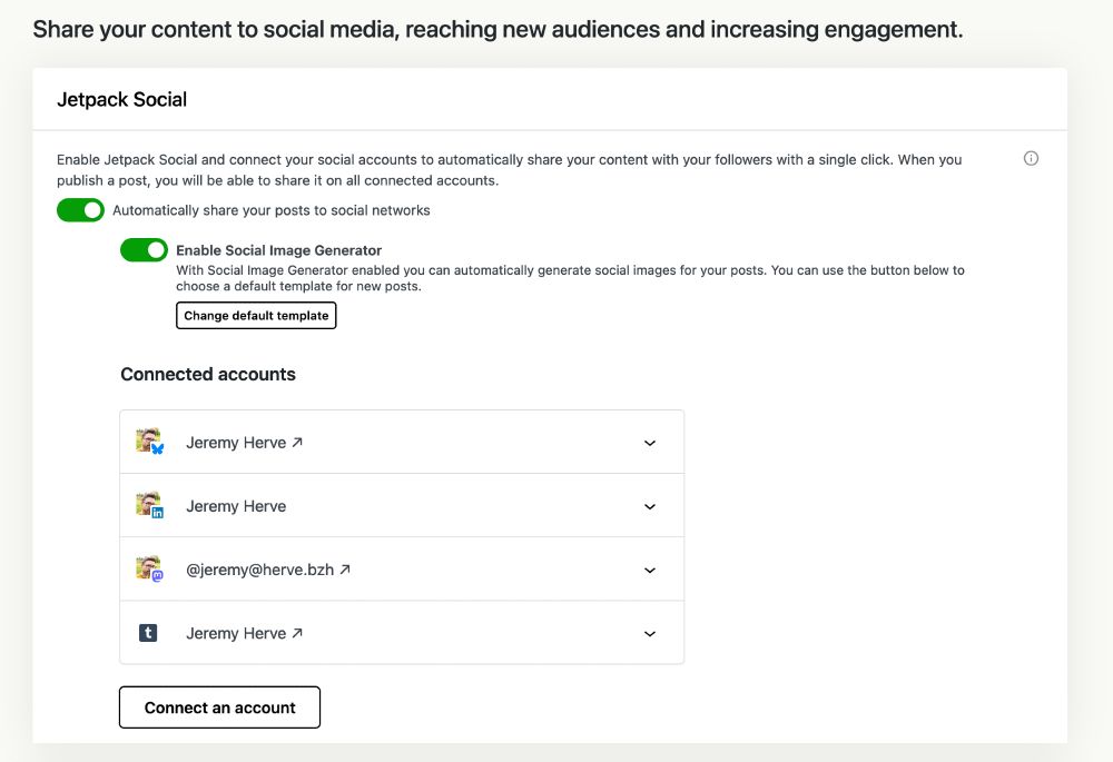Screenshot of the Jetpack Social settings interface, in the WordPress dashboard