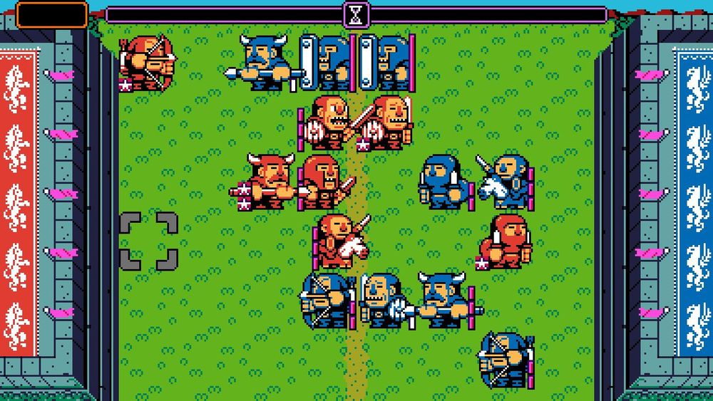 Orange and blue medieval soldiers are on a grid, with a castle on each side, 5 flags on each castle. There is a cursor on the green field that the soliders are standing on occupying a tile of the grid.