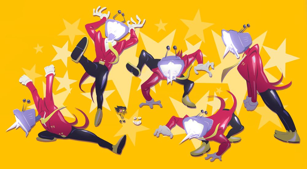 tenna deltarune doing poses from daffy ducks "fiddler crab" crash out