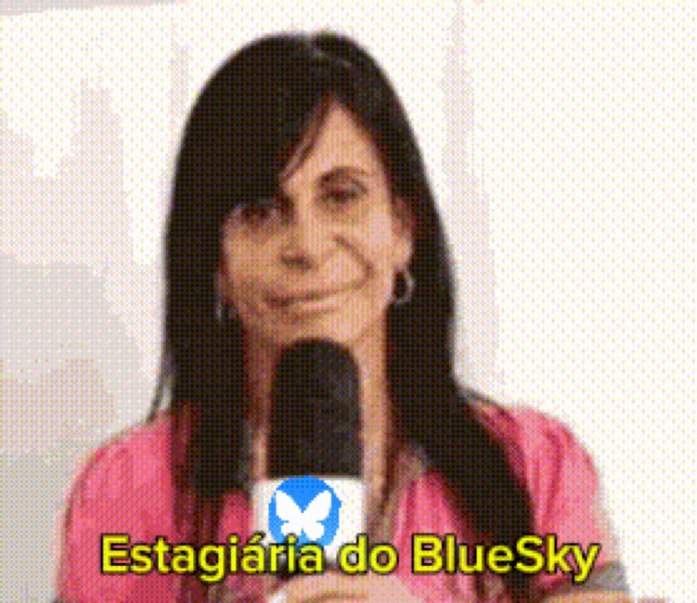 a woman holding a microphone with the words " estagiaria do bluesky " written below her