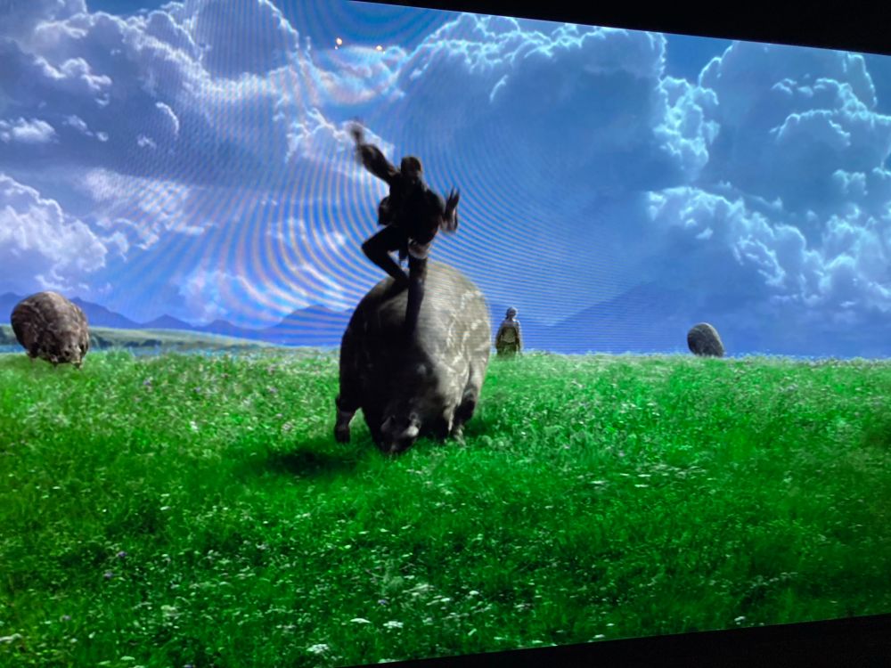 Anakin riding atop a cow-like alien creature on a glade in Attack of the Clones.