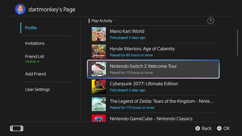A screenshot of a Switch 2 user profile screen showing playtime for several games. The entry for Nintendo Switch 2 Welcome Tour reads: “Played for 10 hours or more”