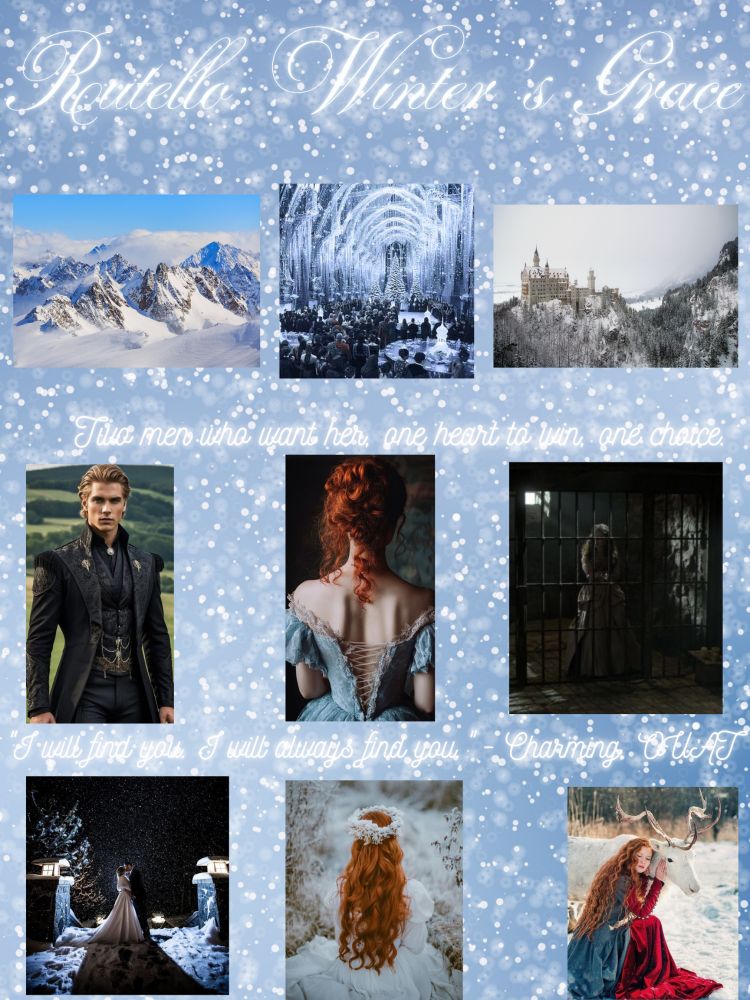 A blue To light blue snowy frosted background. 

Top is the title in curly white font Rutello: Winter's Grace.

Top left pic is snowy mountains. Next to it is a winter ball. Next to it is is a castle in snowy mountains. 

Then a sentence: two men who want her, one heart to win, one choice.

Middle left is blonde man prince looking in a black and gold outfit. Middle middle is a redhead in a blue dress looking at a wall. Middle right is a woman in an old cell. 

Then a quote: “I will find you. I will always find you.” Charming, Once Upon A Time

Bottom left is a couple kissing as snow falls illuminated by lights on two collumns. Middle bottom is a redhead dressed for a wedding sitting in the snow facing away. Bottom right is a princess in a red and blue dress sitting in the snow with her face against a white reindeer. 
