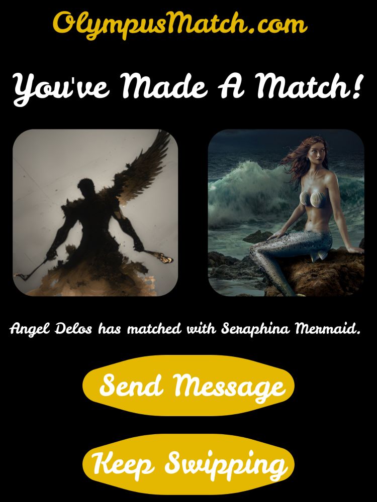 Black background. 

At the top in golden yellow is OlympusMatch.com. The in white is You Made A Match! Then there are 2 pics with curved edges of an angel soldier and a mermaid sitting on a rock on a beach by the ocean. Then in white it says Angel Delos has matched with Seraphina Mermaid. Then they're are oblong weird shaped boxes rounded with the words Send messages and keep swipping. 