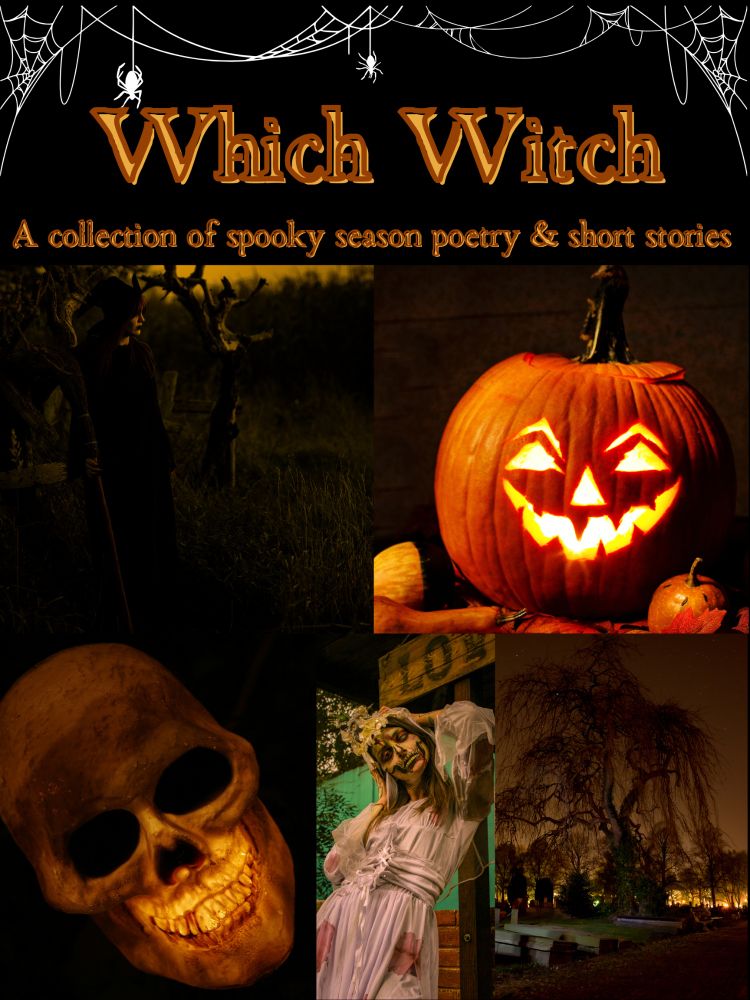 A black background with spider webs and hanging spiders at the top. 


Below the webs is the title Which Witch is a golden yellow color with orange trim to look like light in a pumpkin. There are also the words A collection of spooky season poetry & short stories. 


Below the words are 2 pictures. On the left is a witch holding a staff in a yellow hued forest and field. On the right is a Jack-o'lantern. Below those two are 3 pictures. Left to right is an orange hued skull, a zombie woman in a white dress by a business, and a willow tree in a graveyard at night lit by yellow lights from the background. 
