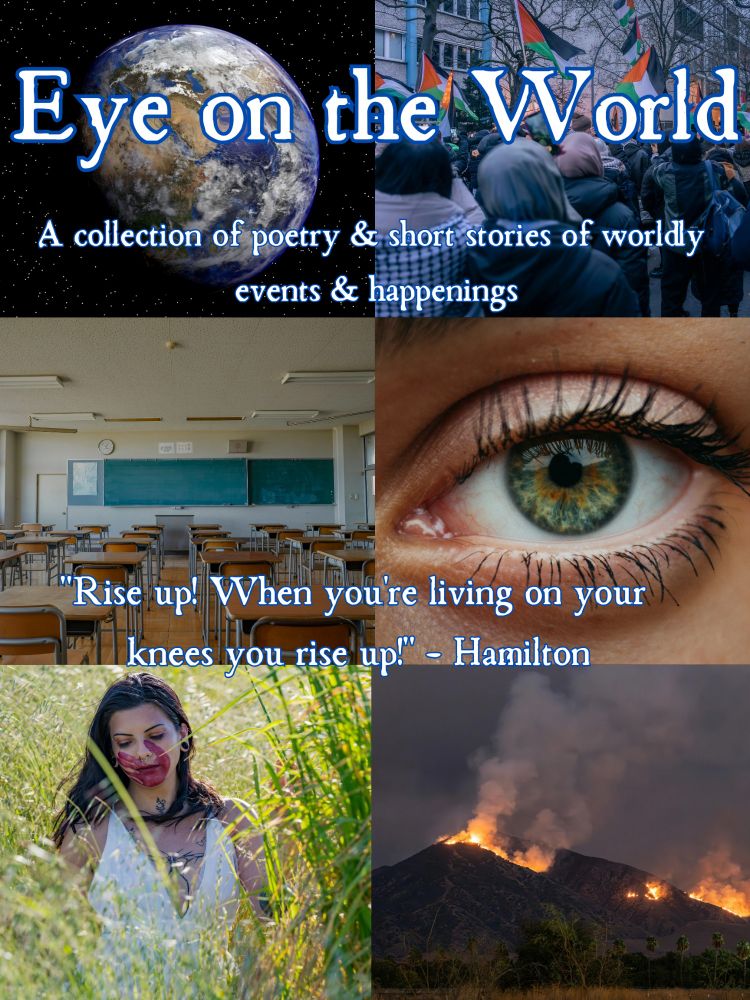 Top 2 photos left to right are the earth surrounded by stars and a protest for Palestine in a city. 
Middle 2 photos left to right are an empty classroom and a sad green brown speckled eye with a reflection and long lashes. 
Bottom two photos left to right are an indigenous woman sitting in a tall grassy field in a white dress with a red hand print on her face and a wildfire coming down a large hill. 

Over top of the photos are words in white with blue outlining. At the top is the title Eye on the World. Below that is: A collection of poetry & short stories of worldly events & happenings. Below that in the middle is a quote from Hamilton "Rise up! When you're living on your knees you rise up!"