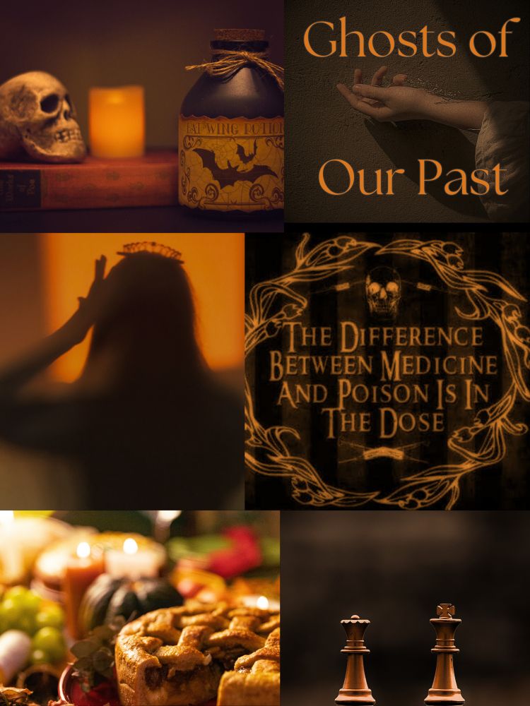 Top left photo: a book with a skull and fake candle on top and a bottle of poison marked by a bat in front. Under that an orange tinted and blurred photo of a queen from behind, then below that is a feast of foods below it.

Top right pic: A hand and arm in a white dress laying on the ground. Words in orange Ghosts of Our Past. Below that is an orange quote with a fancy floral surrounding “The difference between medicine and poison is in the dose.” Finally there are king and queen chess pieces sitting on something in the bottom photo.
