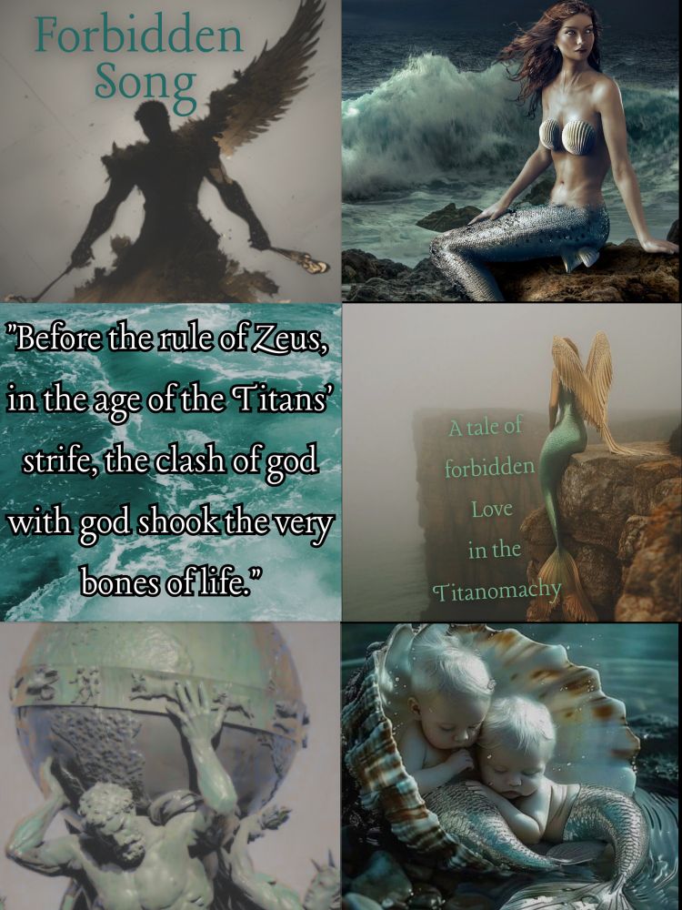 Top left photo is a drawing of what looks like a fallen warrior angel. The title Forbidden Song is at the top in teal fancy lettering. Top right photo is a mermaid by the ocean.


Middle left photo is an ocean with a quote, “Before the rule of Zeus, in the age of Titans’ strife, the clash of god with god shook the very bones of life. Middle right is a mermaid with wings sitting on a cliff by the ocean with the words in teal lettering ‘A tale of forbidden Love in the Titanomachy.’ 


Bottom left pic is of atlas holding the world up with some help. Bottom right pic is two mermaid babies sleeping in a shell. 
