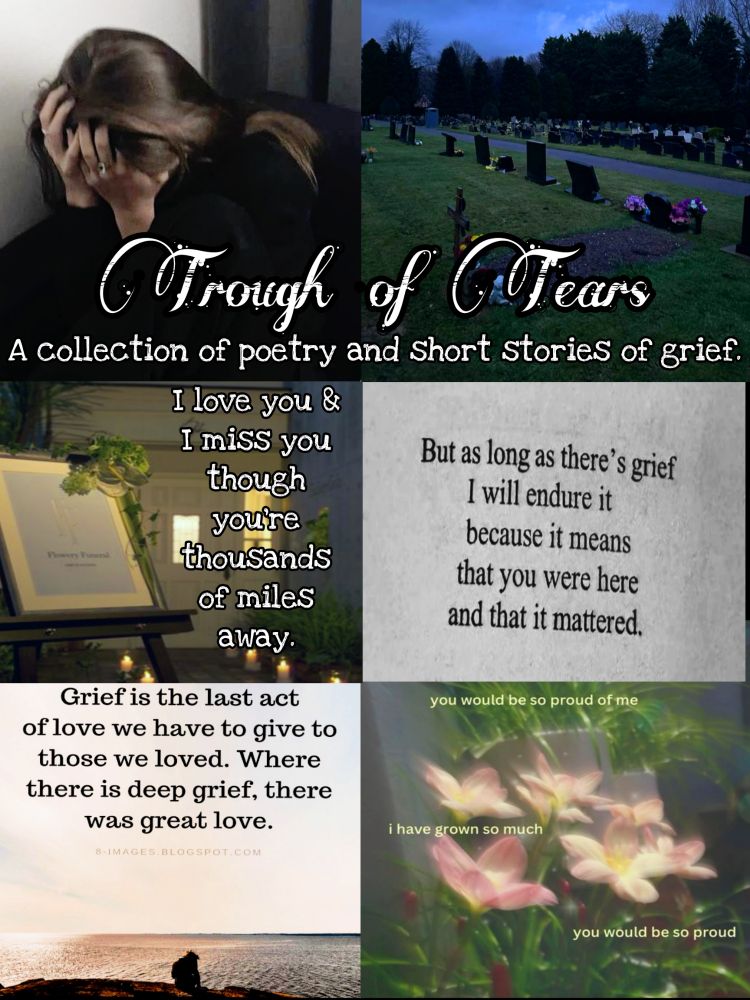 Top two photos left to right are a girl in black trying against a white wall and a graveyard with green glass and pine trees. Over them in white fonts are words. In a curly font is the title Trough of Tears. In a plain but sort of wobbly font is A collection of poetry and short stories of grief. 

The middle two photos left to right are 

A sign, candles, and greenery outside a funeral room with a quote that reads I love you & I miss you though you're thousands of miles away and a white paper background with a quote that reads But as long as there's grief I will endure it because it means that you were here and that it mattered. 

Bottom two photos left to right are an person sitting on a rock outting beside an ocean with a quote that reads Grief is the last act of love we have to give to those we loved; where there is deep grief, there was great love and a background of flowers in water with 3 sentences that read you would be so proud of me, I have grown so much, you would be so proud