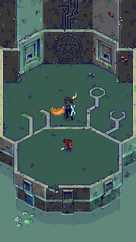 A pixel art mockup of two characters facing off