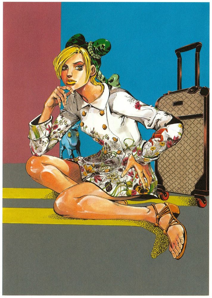 Jolyne in a long sleeved, short dress that's white and floral with a Gucci print suitcase behind her.