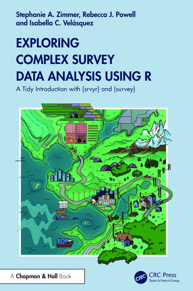 Book cover of the book 'Exploring complex survey data analysis using R', showing a light blue background with a hand-drawn map showing mountains, houses, roads and the sea.