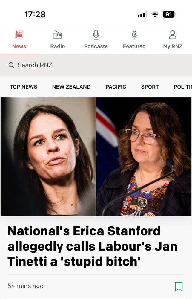 Screen shot of the Radio NZ News site with the headline “National’s Erica Stanford allegedly [sic] calls Labour’s Jan Tinetti a ‘stupid bitch’ “ along with side by side headshot photos of Stanford and Tinetti.