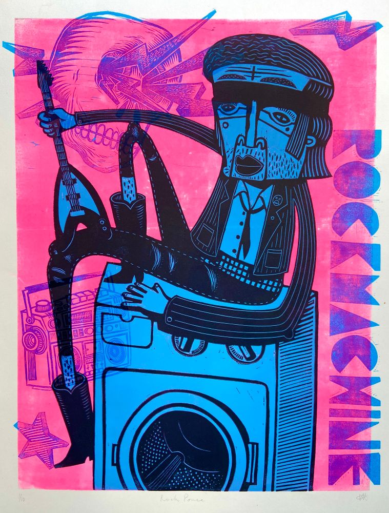 A character of a heavy metal rocker sitting on a washing machine with a guitar. It’s a linocut print featuring bright colours of blue and pink. 