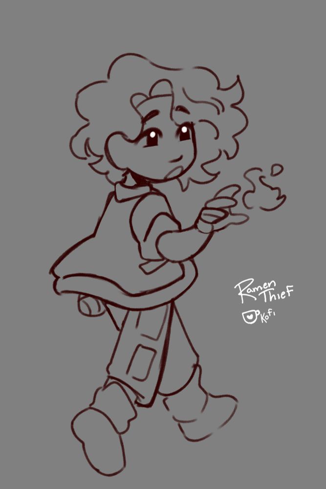 Rainy's OC Orion walking away from the viewer looking in awe at a little flame in front of his hand