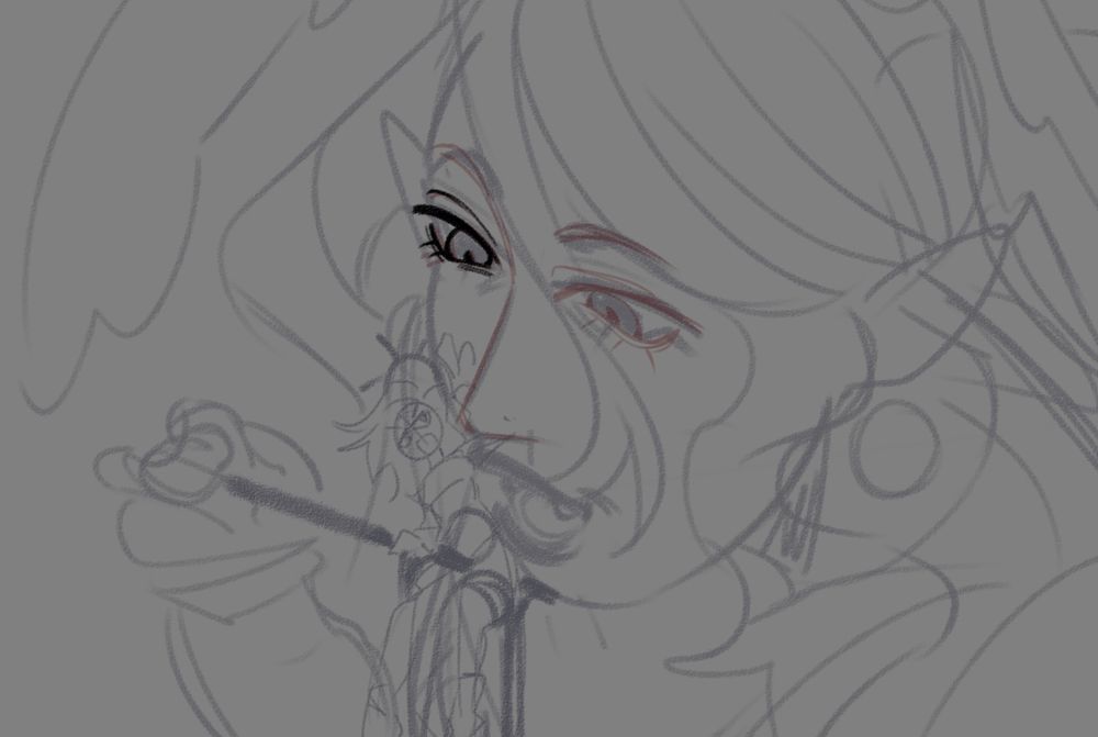 a wip preview of a woman with long flowing hair looking down at a younger version of herself that she's about to eat with chopsticks