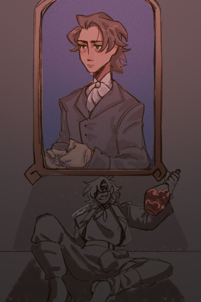 Kel, a man with messy hair wearing a sailor's outfit and an eyepatch, sitting under a portrait of him as a teen with a bottle of booze in hand.