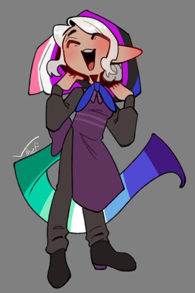 An npc from my dnd campaign, dressed in a simple purple apron and then matching dress shirt, pants and shoes. She has the genderfluid flag wrapped around her head as a hood, and the mlm flag twisting behind her like a tail.